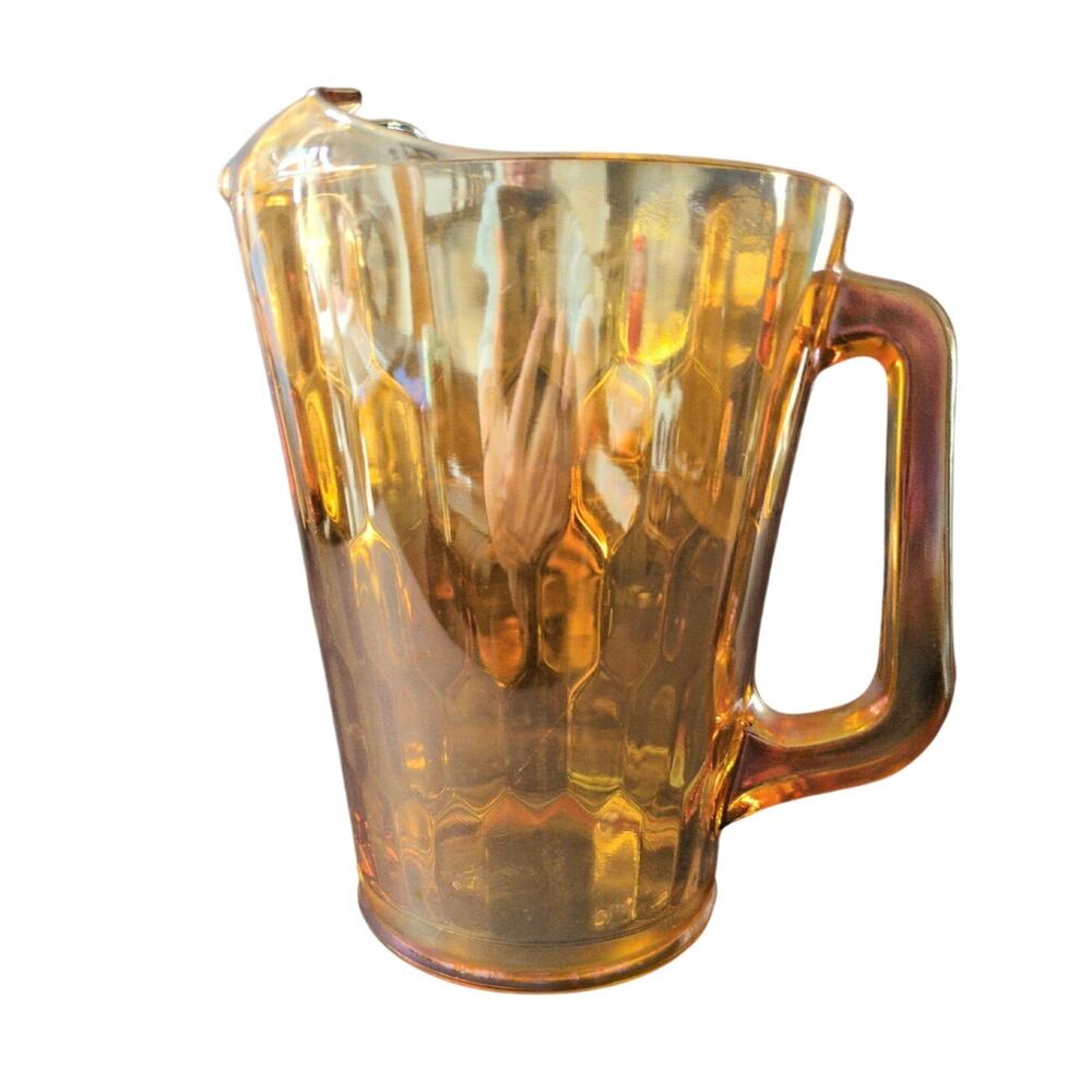 Jeannette Marigold Iridescent Hexagon Honeycomb Glass Pitcher 8.5" Carnival Vtg